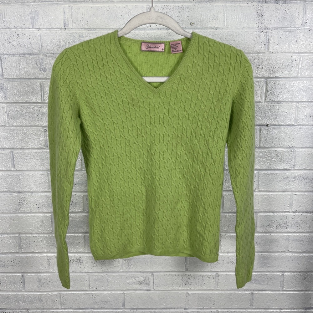Glenshiel Cashmere Cable Knit Sweater Womens Size S Green V-Neck Quiet Luxury